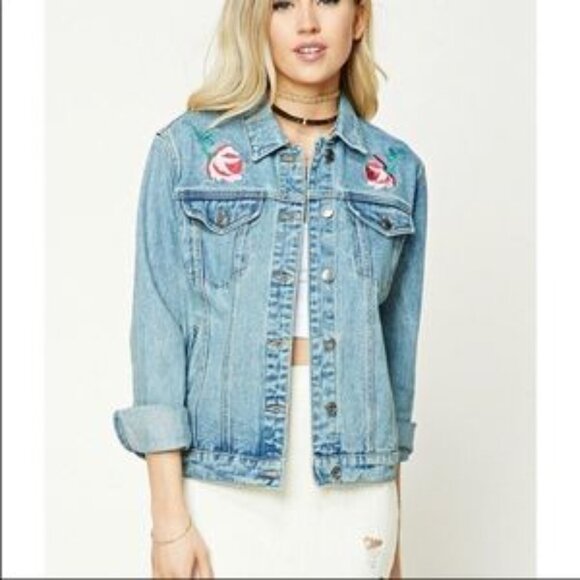 Vintage Forever 21 Embroidered Denim Jacket Flowers Tiger Small - Picture 2 of 7